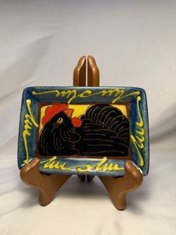 Hand‐Painted Folk Art Chicken Plate — Signed Studio Pottery, Brown Clay