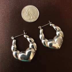 Vintage Puffy Heart Sterling Silver Hoop Earrings