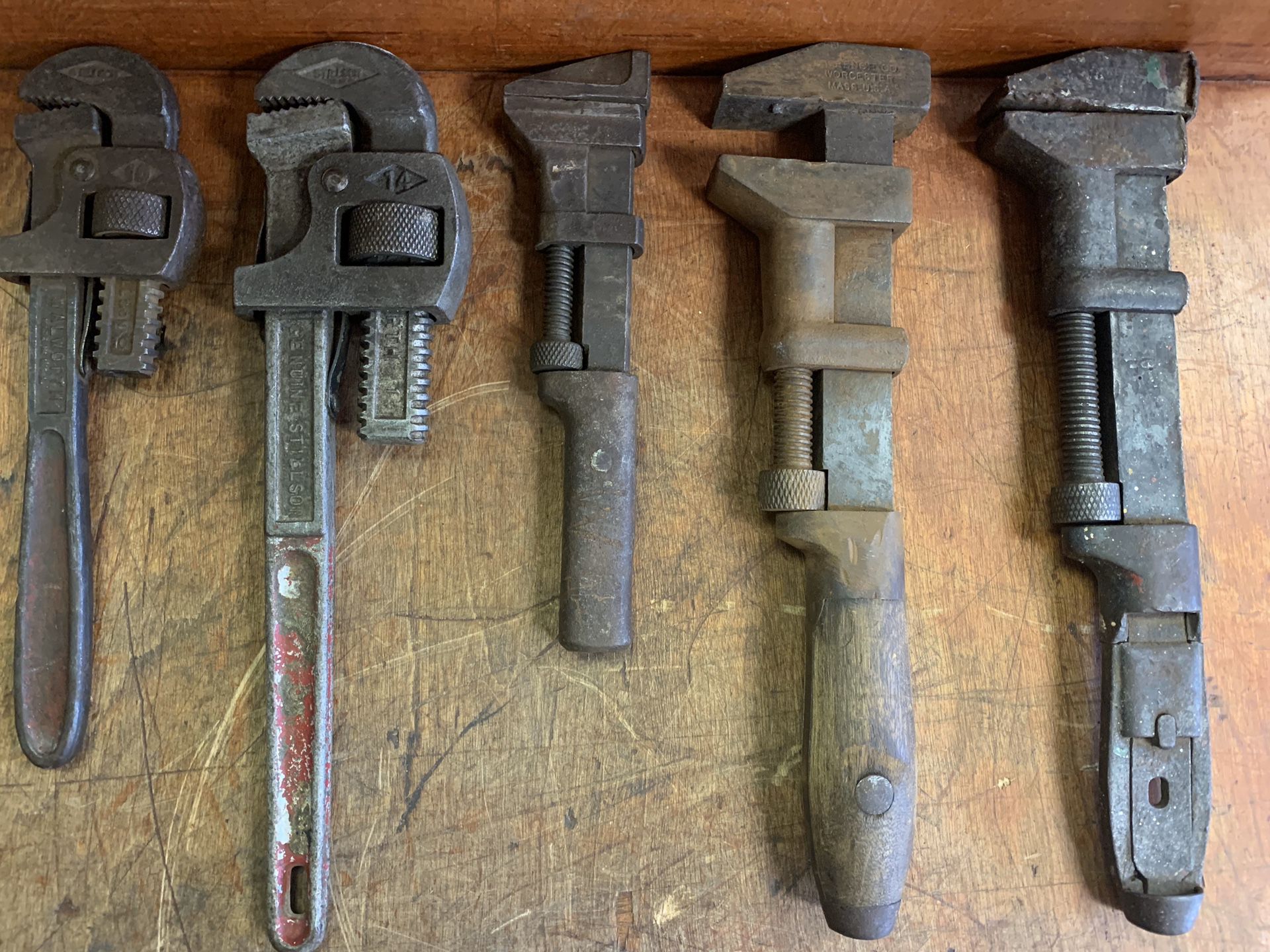 antique Coes monkey wrenches, vintage Billings railroad wrench