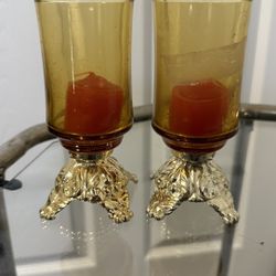 VINTAGE MCM Style Amber Glass & Gold Votive Candle Holders - Set of 2