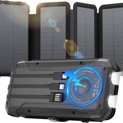 Brand New In Box Unopened   Solar Power Bank 20000mAh Portable Charger Built-in 3 Cables and Wireless Charging Battery Pack Compatible for iPhone, IPX