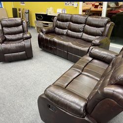 New In The Box 📦 Brown Leather Recliner Sofa Set 3pc - Delivery And Financing Available 