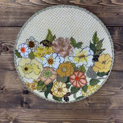Vintage 1970s Floral Needlepoint Plaque Wall Hanging (12” D)