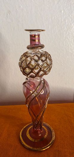 VintageEgyptian Perfume Bottle Hand Painted Clear Glass w/Gold, Purple,5"