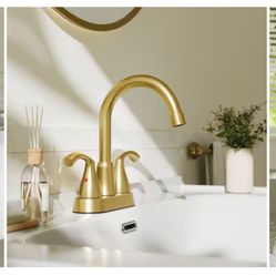 Phiestina Brushed Gold 4-in centerset 2-handle Mid-arc Commercial/Residential Handle Bathroom Sink Faucet with Drain with Deck Plate A 26G