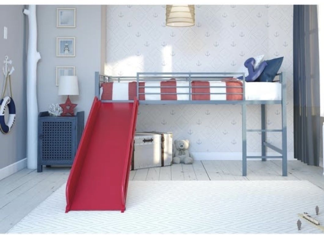 Ikea twin bed with the red slide