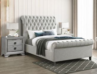 💥New GREY Upholstered Sleigh Bed Frame King Queen $10 DOWN