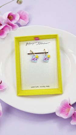 Betsey Johnson A+ Notebook with Yellow Heart Charm Huggies Earrings NWT & Box
