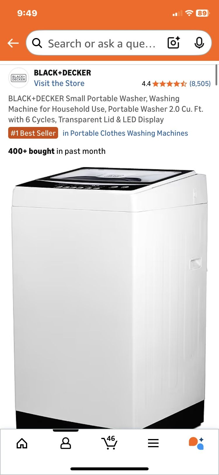 $100 BLACK+DECKER Small Portable Washer, Washing Machine for Household Use, Portable Washer 2.0 Cu. Ft. with 6 Cycles, Transparent Lid & LED Display