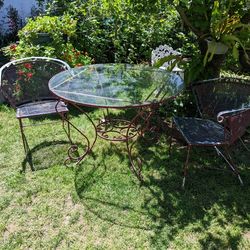 Vintage Glass Top  Wrought Iron Table With Pair Of Chairs