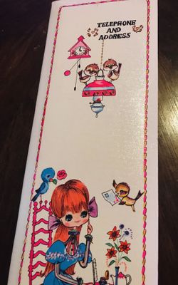 Kitsch Vintage 60’s/70’s Telephone & Address Book with Cute Girl, Birds and Kitten VTG 1969