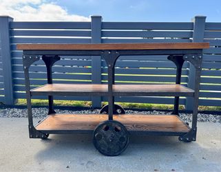 Industrial Style Solid Wooden Sofa Table with Wheels