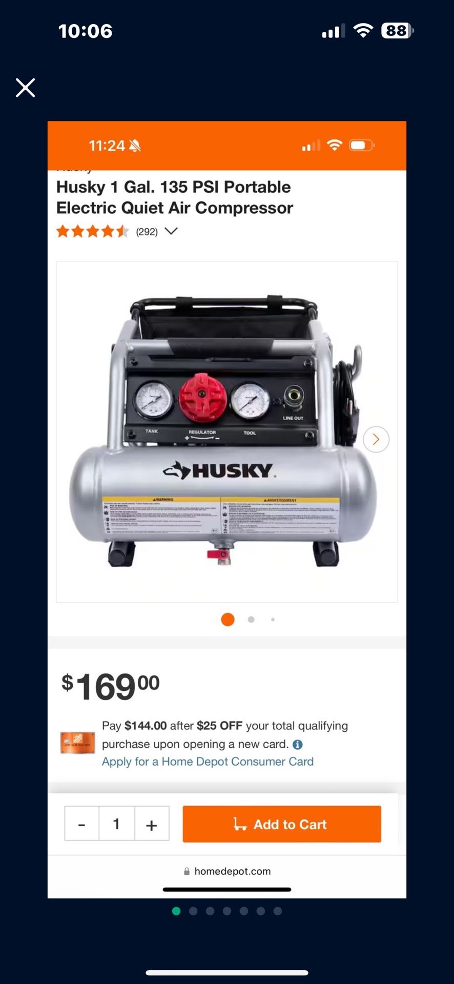 New HUSKY 1 GAL. 135 PSI PORTABLE ELECTRIC QUIET AIR COMPRESSOR