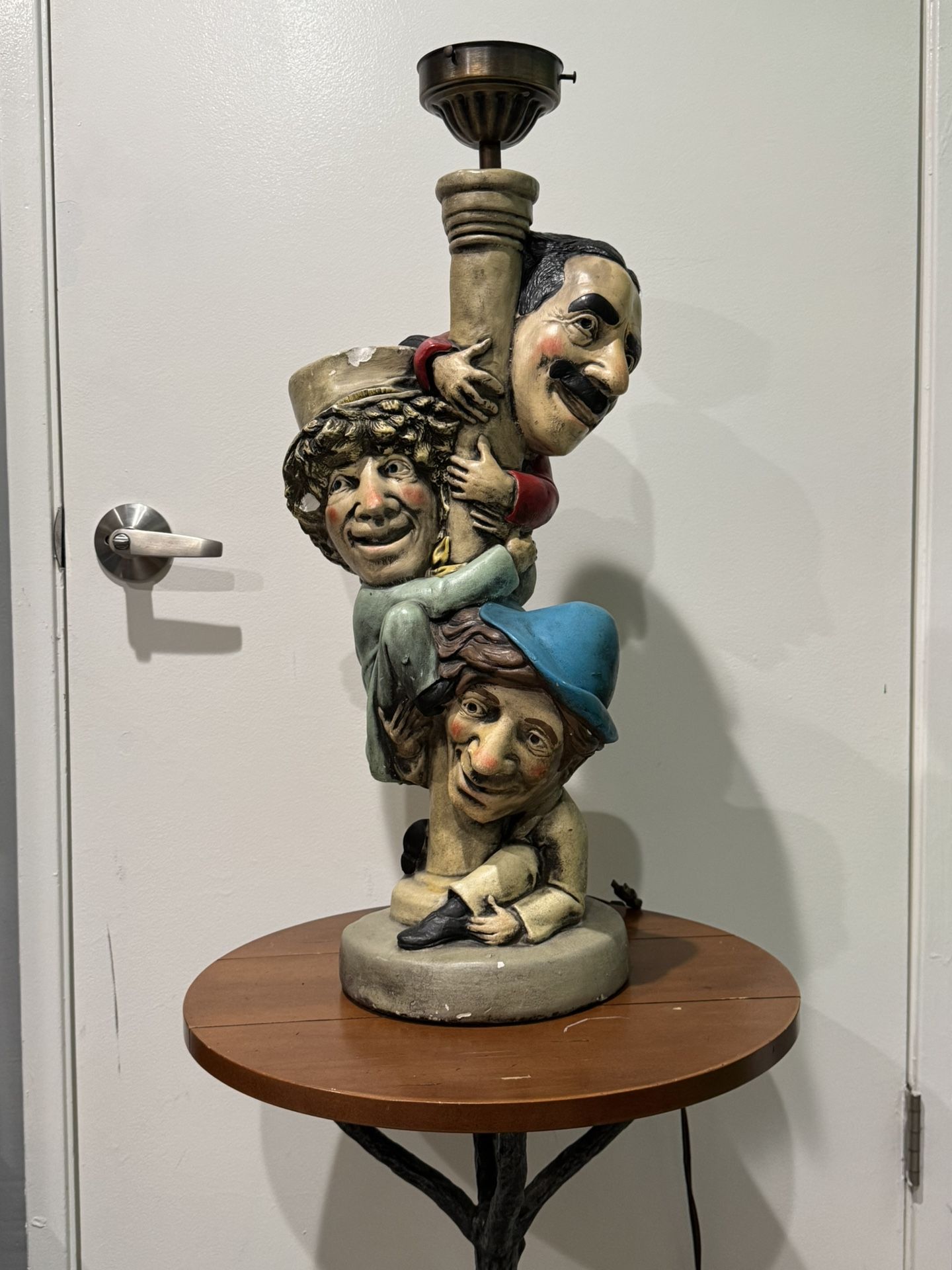1972 Marx Brothers - Plaster Chalkware Lamp Post Statue of Groucho, Harpo, Chico