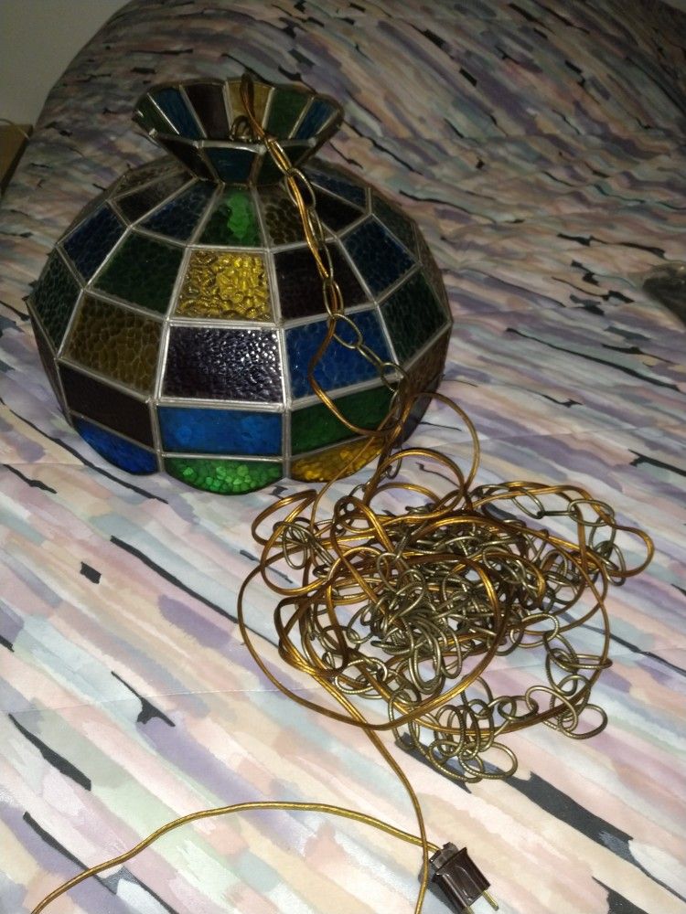Vintage Hanging Stained Glass Lamp Wi