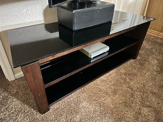 Dark Wood high end HEAVy TV Stand with Black Glass Top tv mount post