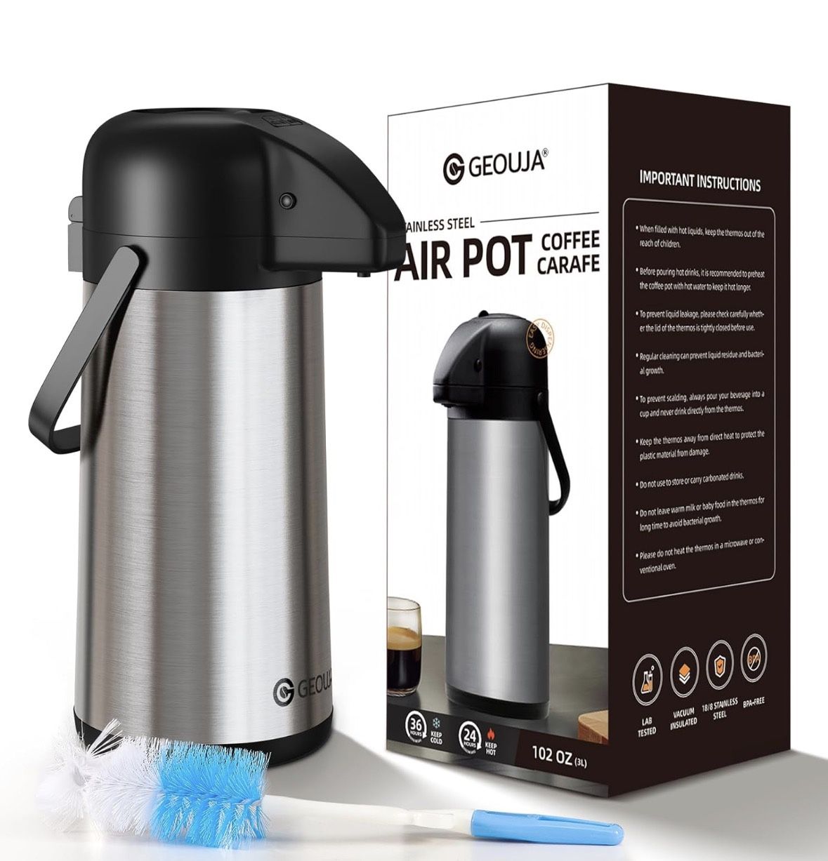 Airpot - Keep Warm Coffee Carafe, 102 oz/3 Liter Large Coffee Dispenser with Pump, Stainless Steel Thermal Urn for Hot Beverage, Water, Tea, Hot Choco