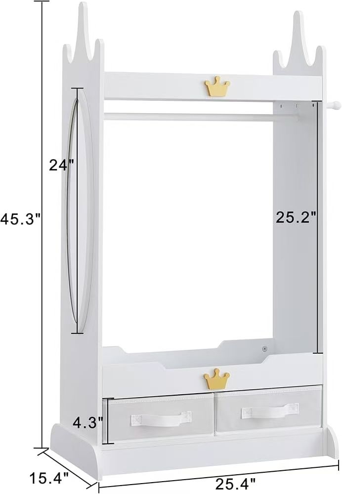🥨Kids Dress Up Storage with Mirror, Kids Armoire with Non-Woven Drawers, Open Costume Closet with Hanging Rack for Toddlers (White)