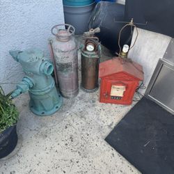 Fire Alarm Lamp, Brass Fire Hydrant , 2 Brass Extinguishers, (2) Painted Hydrant (Metal)