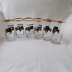 Gold Rim Glasses Set with Vintage Car Designs 1(contact info removed) Collectible