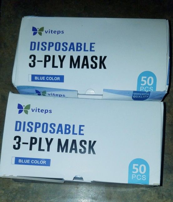 viteps  Disposable 3-ply Blue Latex Free Face Masks 2 Boxes Of 50 (100 Masks)