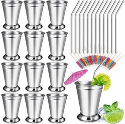 24 Sets Mint Julep Cups Silver with Straws
