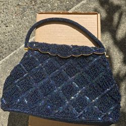 Unused Dark Blue Beaded Vintage Evening Bag - Top Handle, Small 
