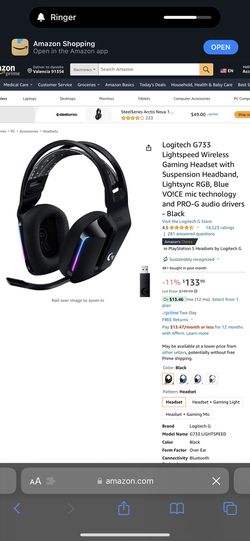 Logitech G733 LIGHTSPEED Wireless Gaming Headset with suspension headband,  LIGHTSYNC RGB, Blue VO!CE mic technology and PRO-G audio drivers, Black 