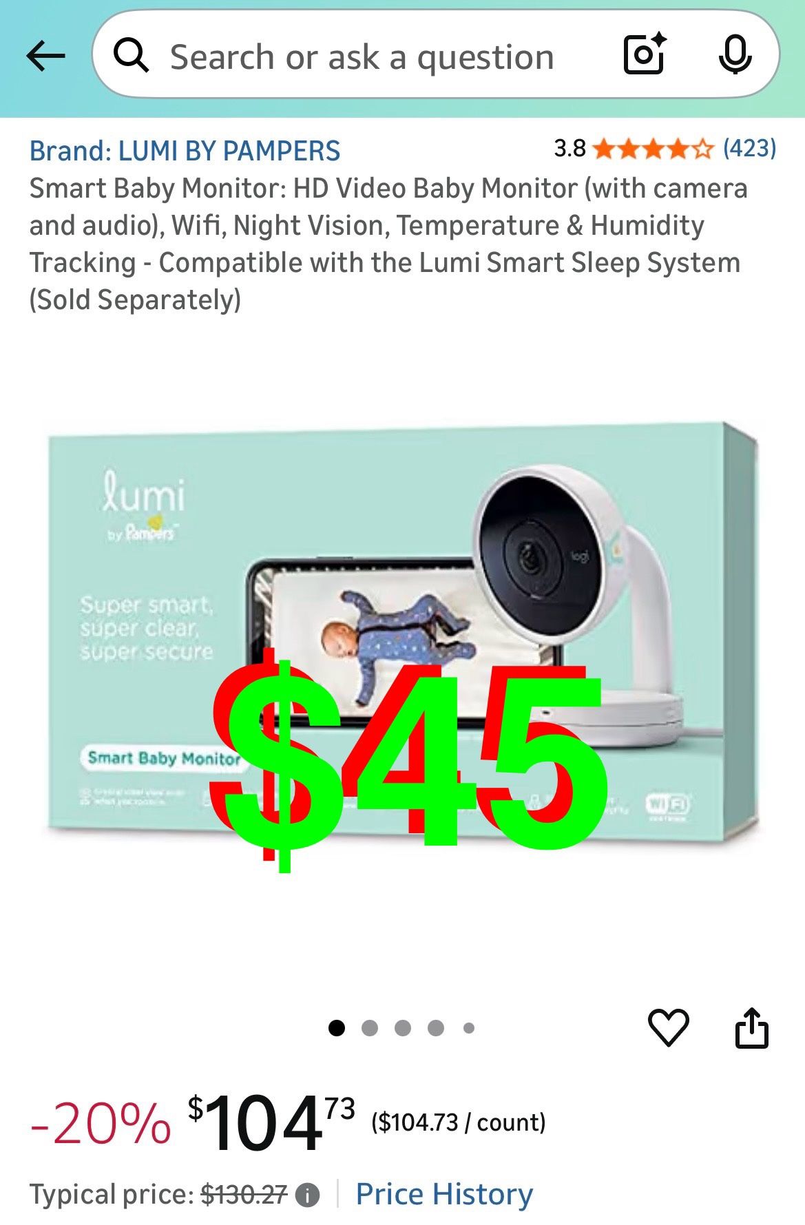 Pampers Smart Baby Monitor: HD Video Baby Monitor (with camera and audio), Wifi, Night Vision, Temperature & Humidity Tracking - Com