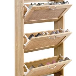 Shoe Cabinet for Entryway, Narrow Shoe Storage Cabinet, Hidden Rattan Shoe Cabinet Wood 3 Tier Slim Shoe Rack for Home and Apartment, Nature