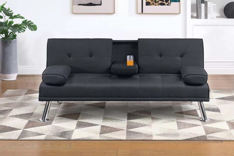 Brand New Black Leather Futon Sofa Sleeper