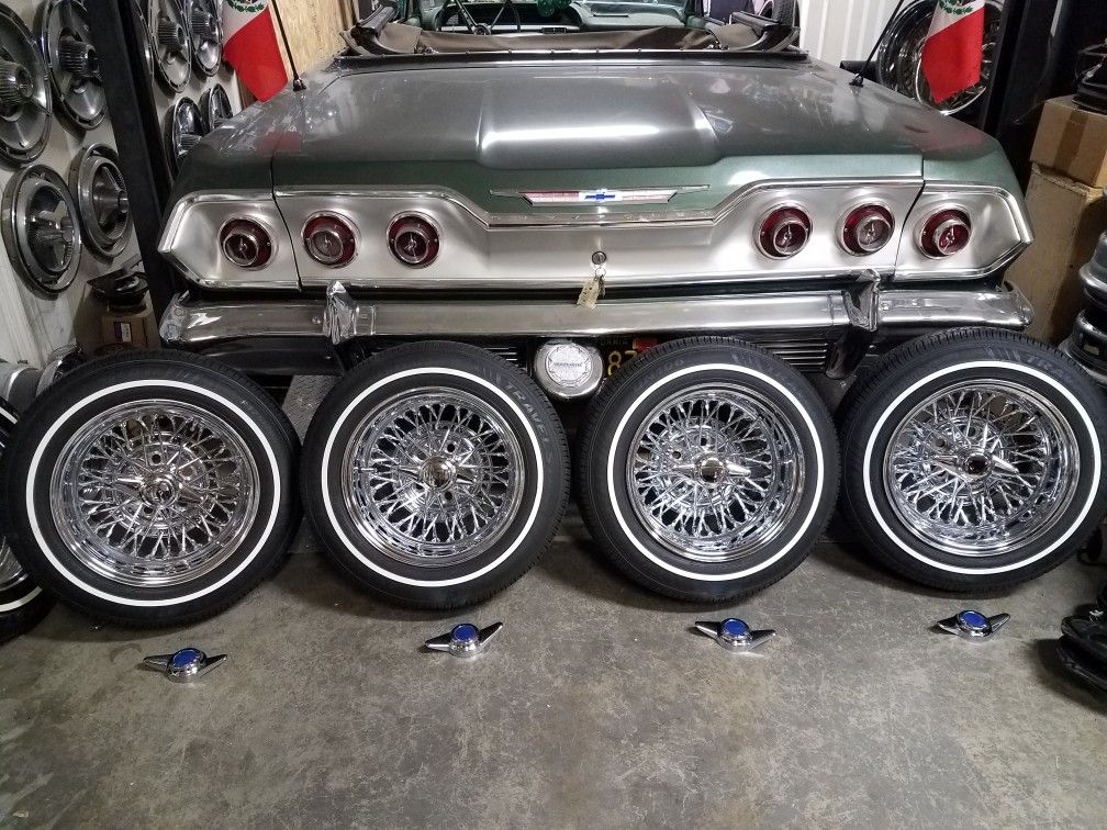 14x7 cragar tru spokes 50 spoke wire rims lowrider white wall tires like new 5 lug cash or trade