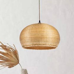 60-Watt 1-Light Beige Modern Rattan Dome Pendant Light Coastal Natural Shade Brass Finish, No Bulbs Included
