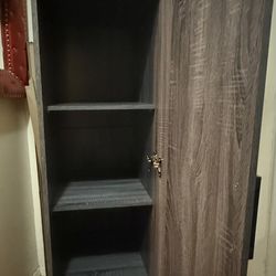 6’ Tall Gray Cabinet With 5 Shelves & Mirrored Door