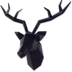 Keygift Deer Head Wall Decor Geometrical Black Deer Antlers Wall Sculpture Faux Taxidermy Resin Wall Animal Head 19x7x17 Inches