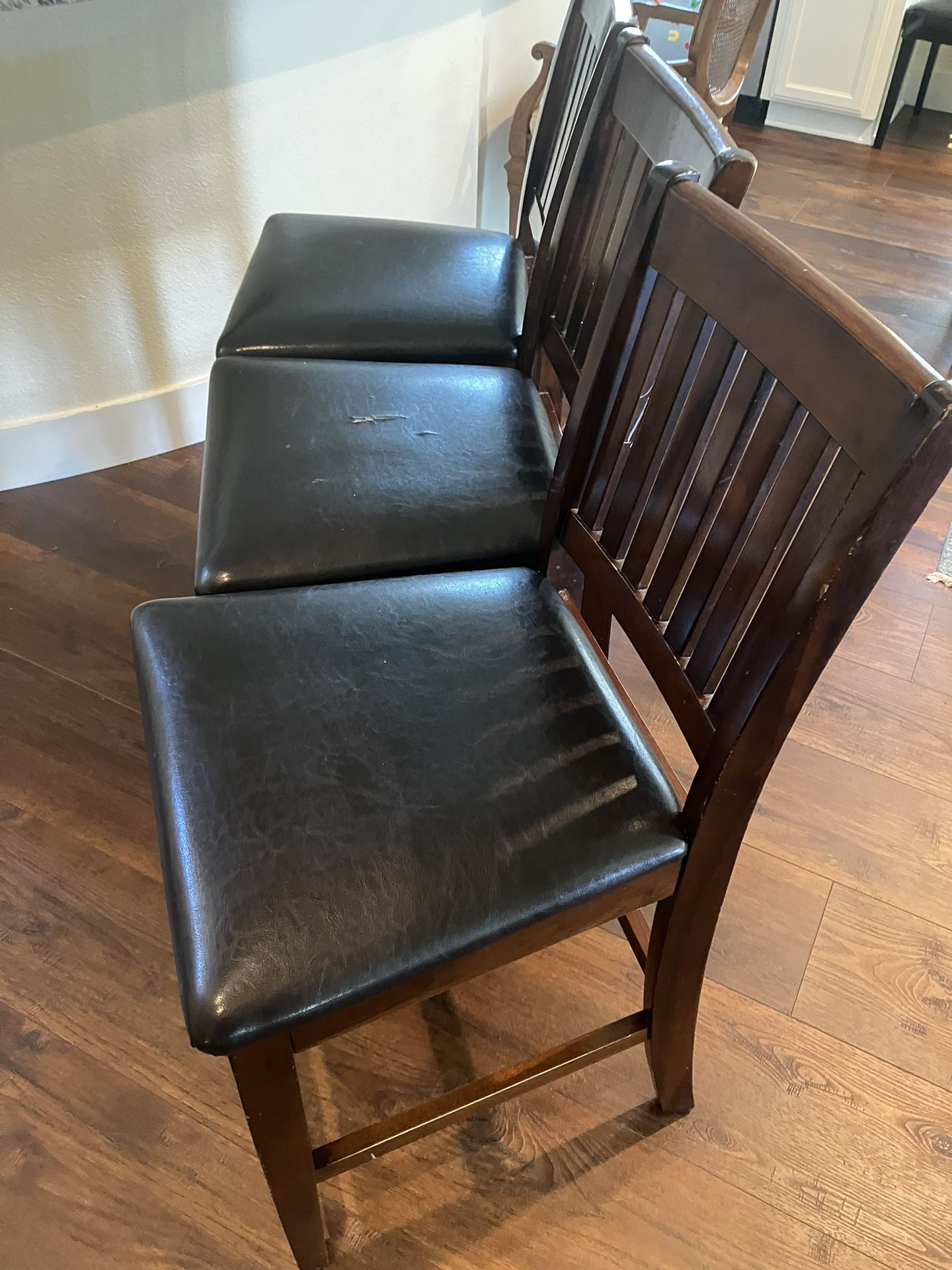 3 Barstools Solid Wood Leather Dark Brown