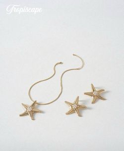 Tropiscape Gold Starfish Pendant Necklace & Earrings Jewelry Set Beach Sea Life