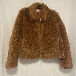 Maeve Anthropologie Teddy Bomber Crop Honey Brown Faux Fur XL