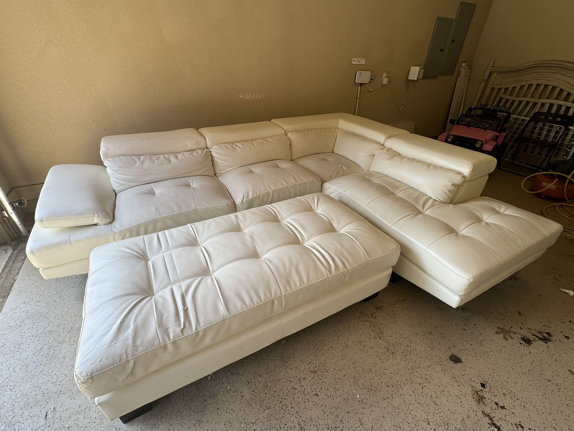 Modern Faux Leather White Sectional Sofa And Ottoman