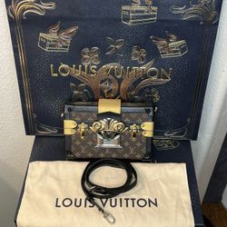 Authenticated Louis Vuitton Petite Malle Trunk Studded Bag/ Crossbody-Monogram/Gold