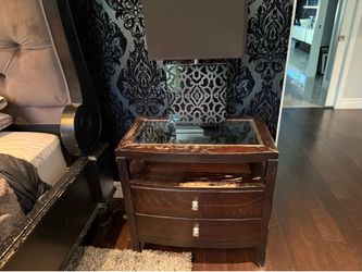 Dark Brown Nightstand 2 drawers with glass top