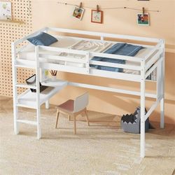 NEW White Twin Loft Bed with Built-in Desk and Bookcase of Three Compartments, Loft Bed Frame with Guardrails and Ladder