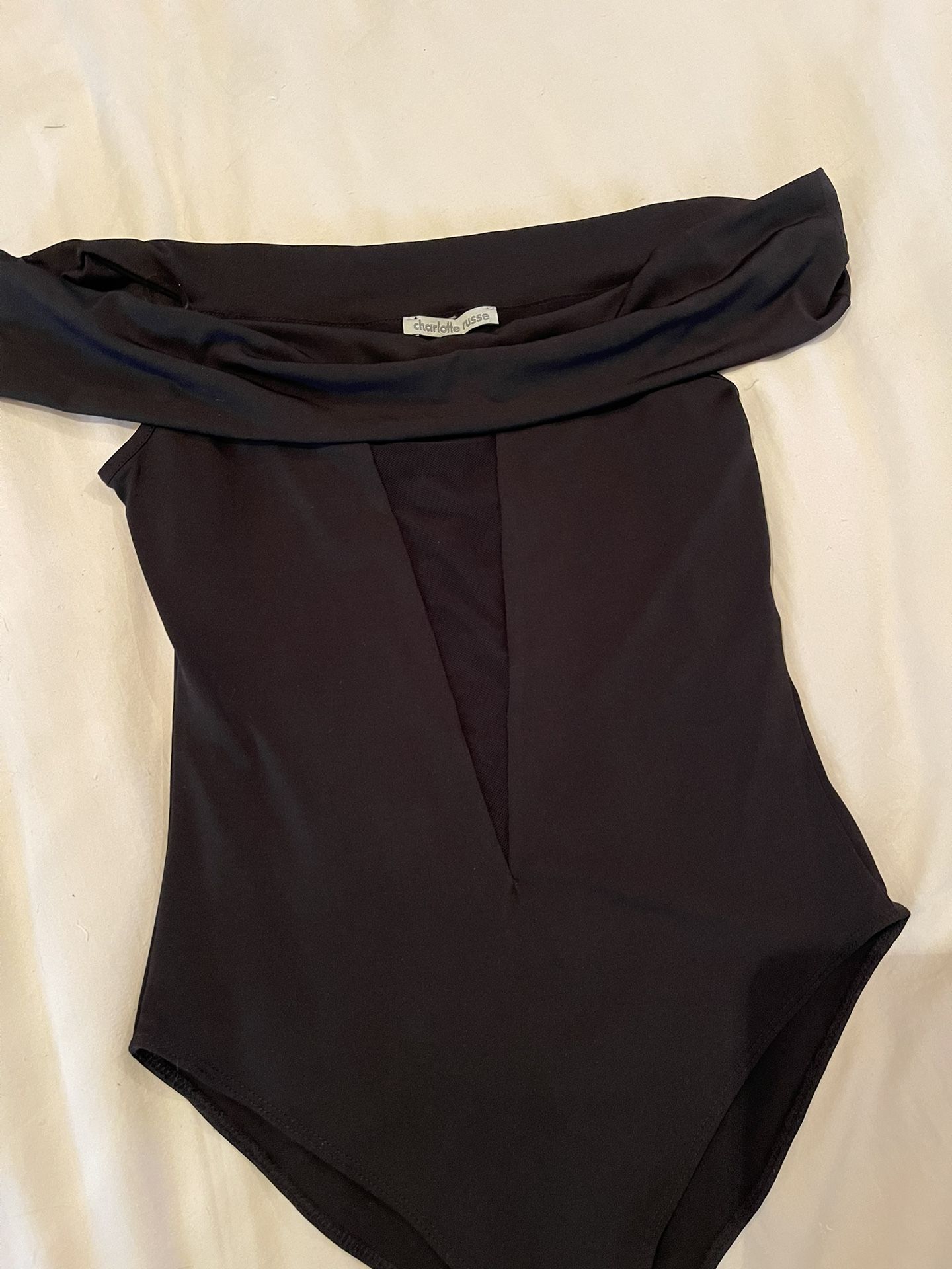 Black Bodysuit With Sheer V At Bust Area