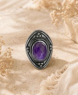 Handcrafted Natural Amethyst Silver Ring Sz 7