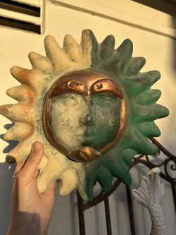 Vintage Celestial Pottery TerraCotta Sun Face Copper Brass Embellish 11” Wall Hanging Garden Art Sculpture