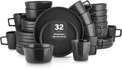 32 Piece Dinnerware Set | Plates, Bowls, Cups | Black Matte | Service for 8