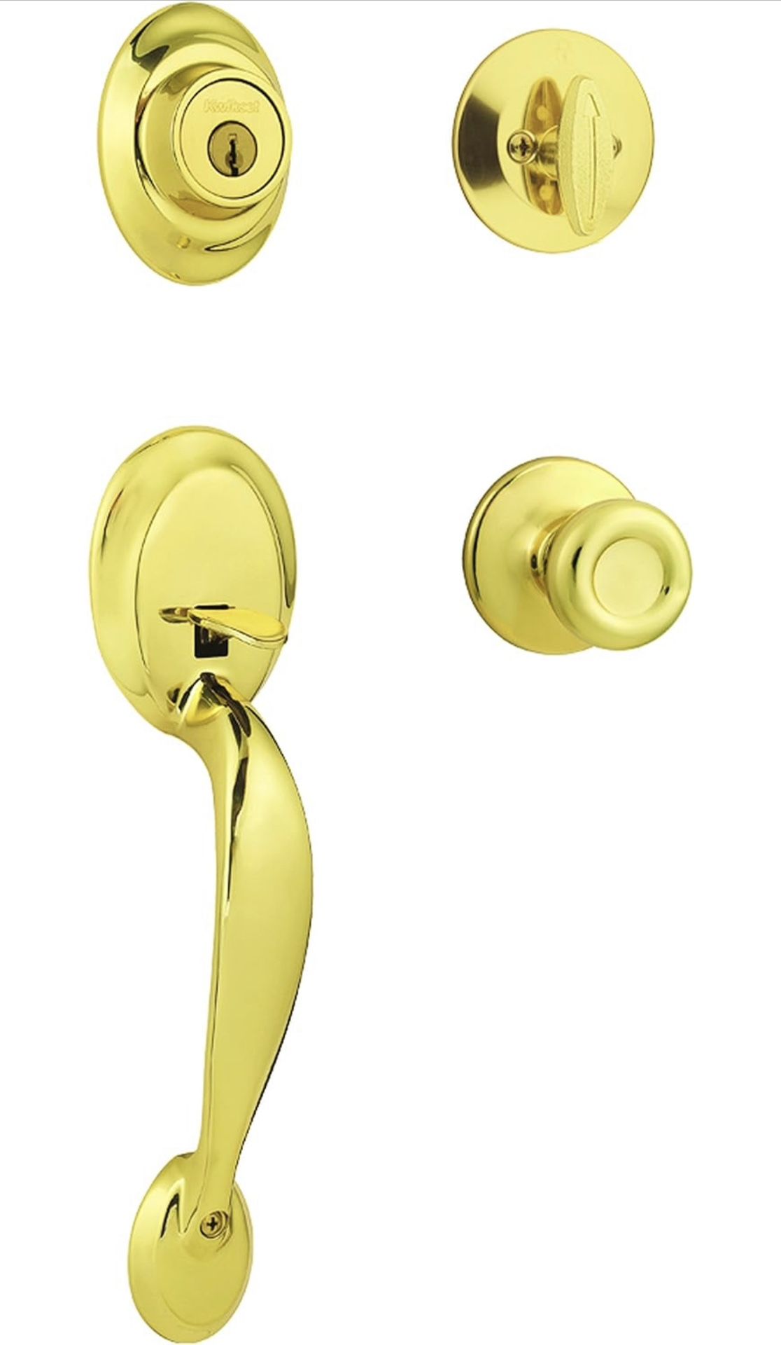 Kwikset Dakota Front Door Lock Handle and Deadbolt Set, Entry Handleset Exterior with Interior Door Knob, Polished Brass, Pick Resistant SmartKey Reke