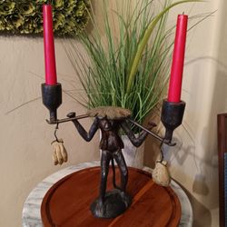 $20 Cast Iron Monkey Candelabra Carrying Bananas 2 Candles Centerpiece. Very Heavy 