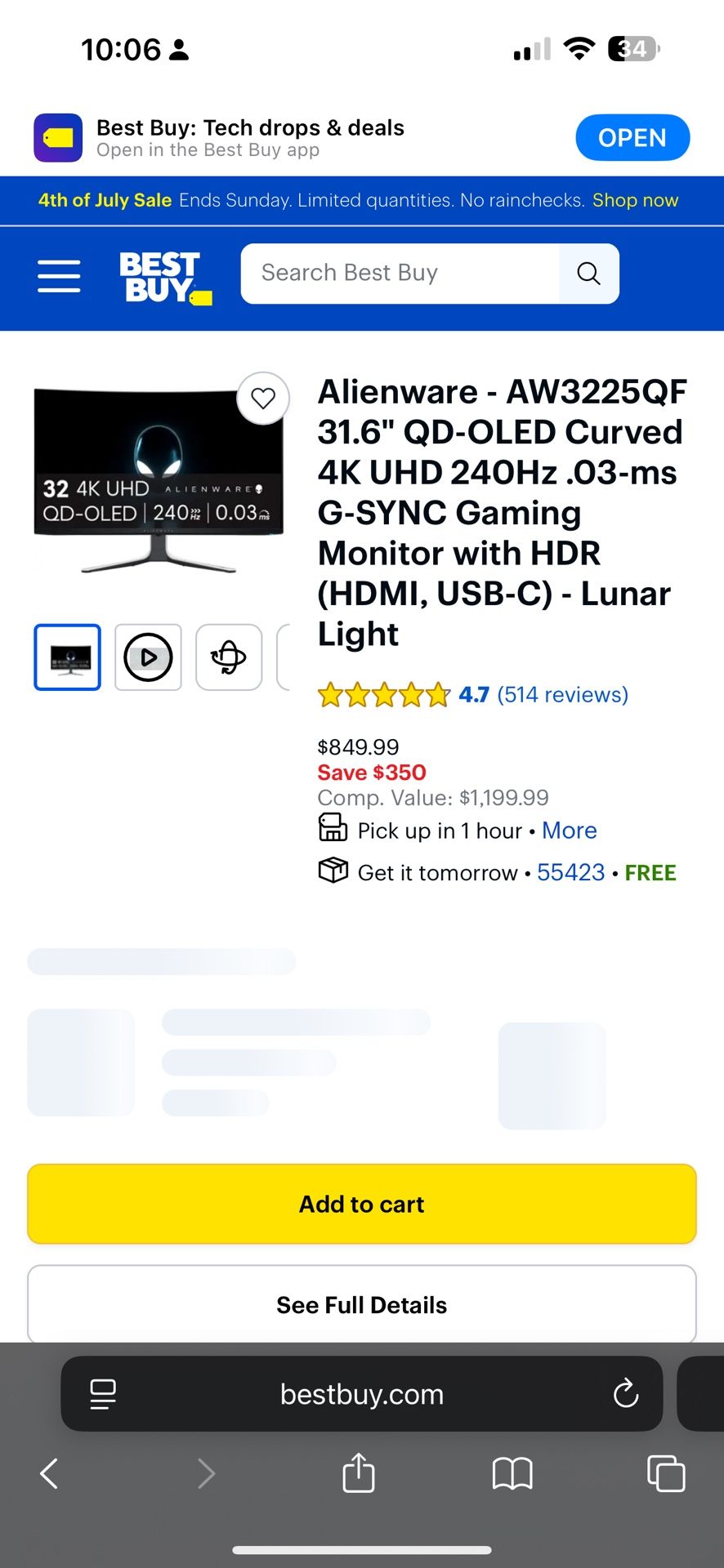 Alienware 32” 4K QD-OLED Gaming Monitor AW3225QF