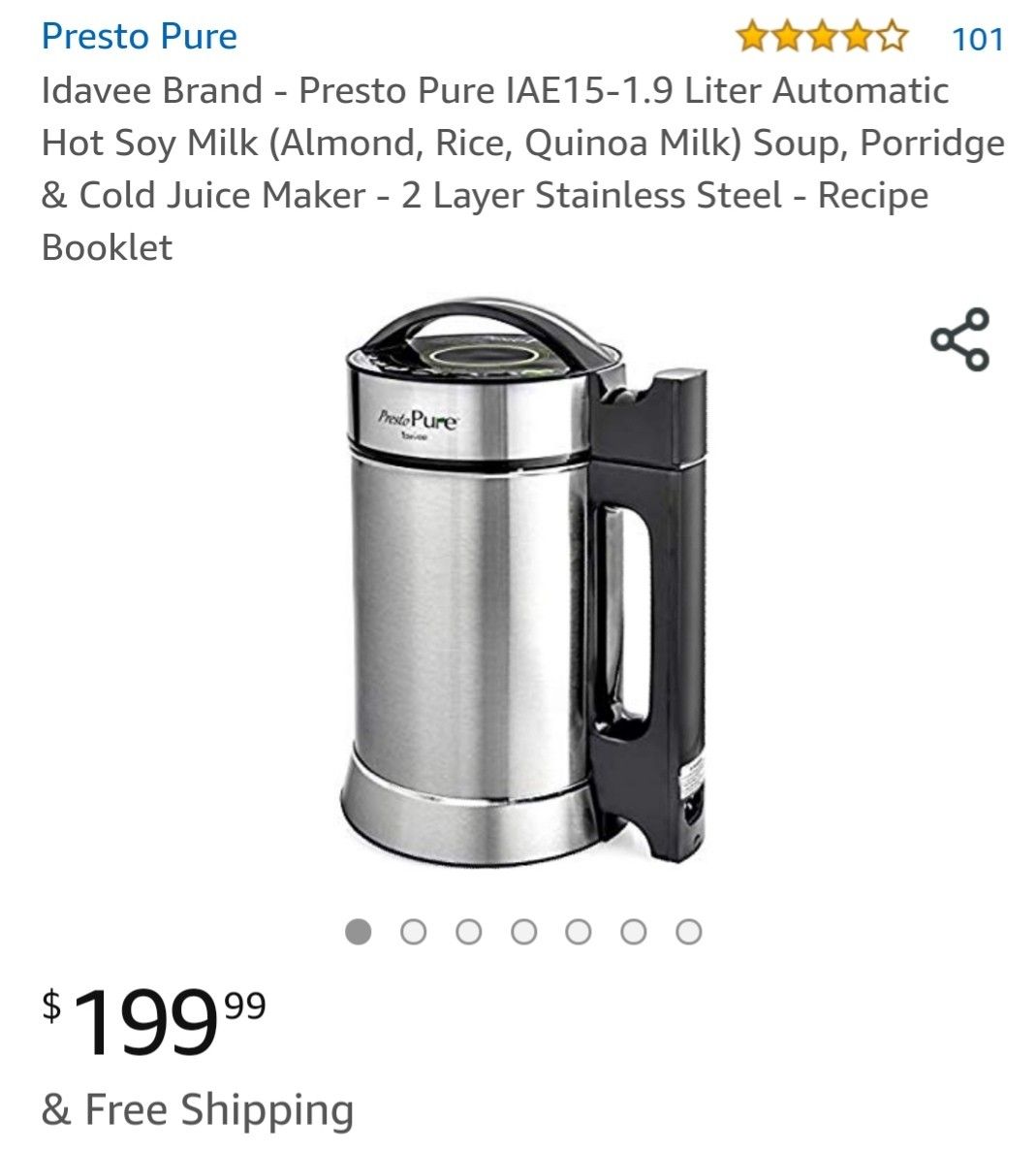 Idavee Brand - Presto Pure IAE15-1.9 Liter Automatic Hot Soy Milk (Almond, Rice, Quinoa Milk) Soup, Porridge & Cold Juice Maker